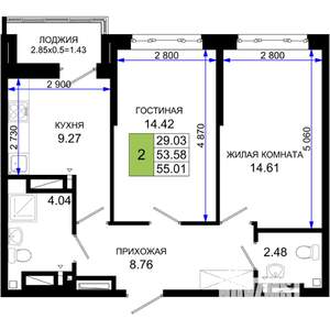 2-к квартира, строящийся дом, 55м2, 9/25 этаж