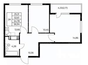 2-к квартира, вторичка, 57м2, 12/25 этаж