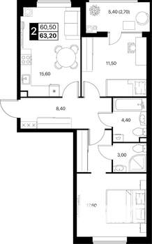 2-к квартира, вторичка, 63м2, 2/12 этаж