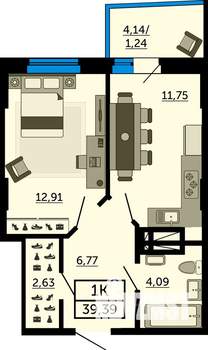 1-к квартира, вторичка, 39м2, 19/25 этаж