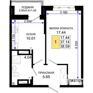 1-к квартира, строящийся дом, 39м2, 18/25 этаж
