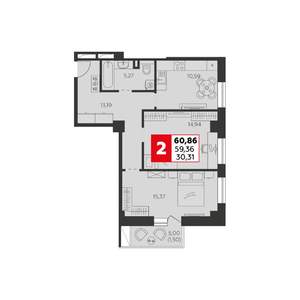 2-к квартира, строящийся дом, 61м2, 18/22 этаж