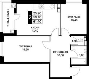 2-к квартира, вторичка, 61м2, 9/18 этаж