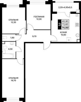 3-к квартира, вторичка, 75м2, 2/20 этаж