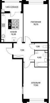 2-к квартира, вторичка, 66м2, 2/20 этаж