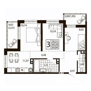 3-к квартира, вторичка, 65м2, 5/24 этаж