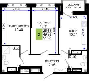 2-к квартира, вторичка, 51м2, 12/25 этаж