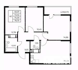3-к квартира, строящийся дом, 77м2, 18/25 этаж