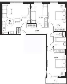 3-к квартира, вторичка, 74м2, 13/25 этаж