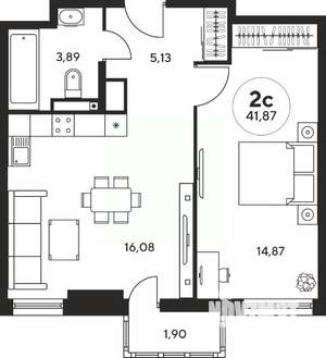 2-к квартира, вторичка, 42м2, 13/25 этаж