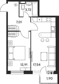 2-к квартира, строящийся дом, 43м2, 13/25 этаж