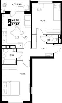 2-к квартира, вторичка, 66м2, 4/12 этаж