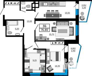3-к квартира, вторичка, 77м2, 5/19 этаж