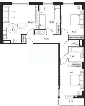 3-к квартира, вторичка, 74м2, 20/25 этаж