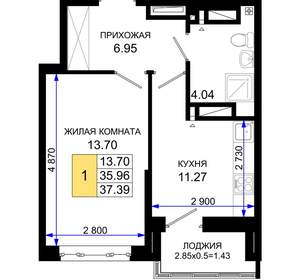 1-к квартира, вторичка, 37м2, 7/25 этаж