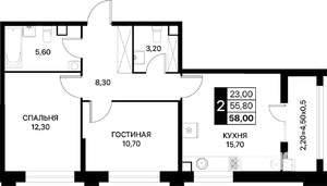 2-к квартира, вторичка, 58м2, 2/12 этаж