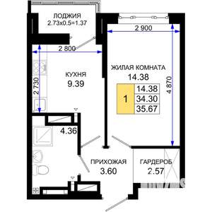 1-к квартира, строящийся дом, 36м2, 15/25 этаж