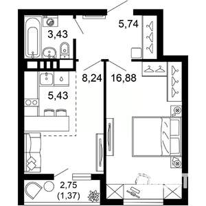 2-к квартира, вторичка, 41м2, 10/10 этаж