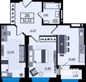 2-к квартира, строящийся дом, 51м2, 19/22 этаж