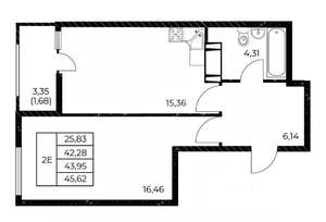 1-к квартира, вторичка, 46м2, 8/25 этаж