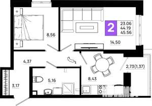 2-к квартира, вторичка, 46м2, 2/21 этаж