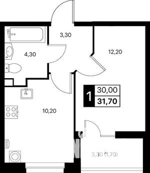 1-к квартира, строящийся дом, 32м2, 2/12 этаж