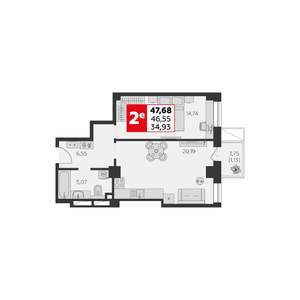 2-к квартира, строящийся дом, 48м2, 2/22 этаж