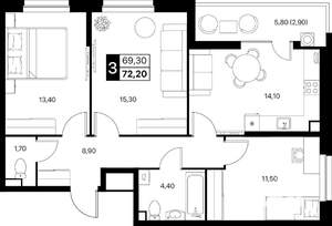 3-к квартира, вторичка, 72м2, 2/12 этаж