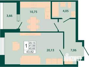 1-к квартира, строящийся дом, 44м2, 21/29 этаж