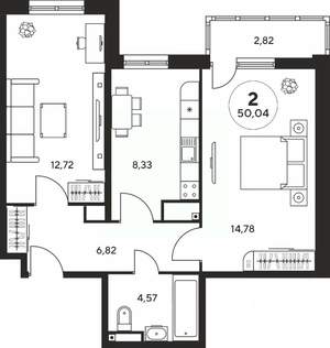 2-к квартира, вторичка, 50м2, 15/25 этаж
