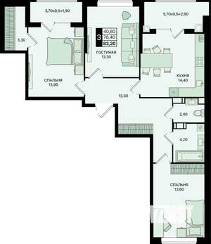 3-к квартира, вторичка, 83м2, 8/20 этаж