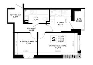 2-к квартира, вторичка, 46м2, 2/20 этаж