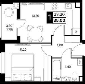 1-к квартира, вторичка, 35м2, 2/12 этаж
