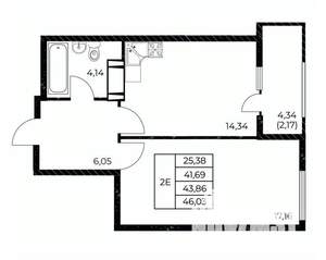 1-к квартира, строящийся дом, 46м2, 9/25 этаж