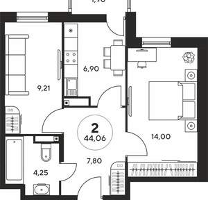 2-к квартира, вторичка, 44м2, 21/25 этаж