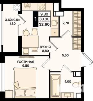 1-к квартира, вторичка, 33м2, 8/15 этаж