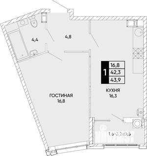 1-к квартира, вторичка, 44м2, 6/22 этаж