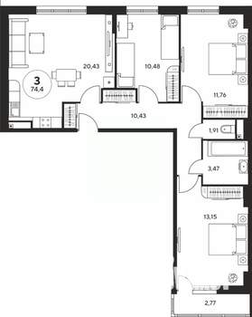 3-к квартира, вторичка, 74м2, 19/25 этаж