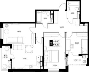 3-к квартира, строящийся дом, 90м2, 18/20 этаж