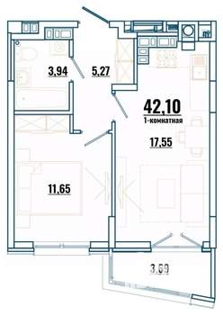 1-к квартира, строящийся дом, 42м2, 2/4 этаж