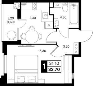 1-к квартира, вторичка, 33м2, 3/12 этаж