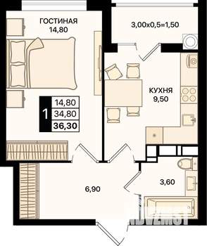 1-к квартира, вторичка, 36м2, 12/15 этаж