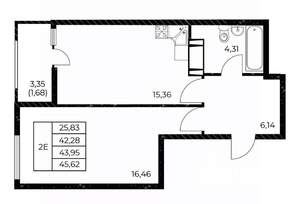1-к квартира, вторичка, 46м2, 6/25 этаж