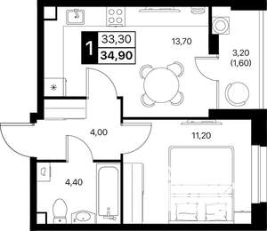 1-к квартира, строящийся дом, 35м2, 2/12 этаж