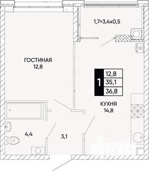 1-к квартира, вторичка, 37м2, 2/22 этаж