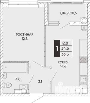 1-к квартира, строящийся дом, 36м2, 8/24 этаж