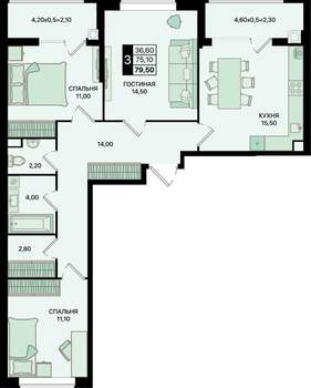 3-к квартира, вторичка, 80м2, 2/20 этаж