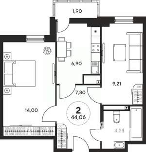 2-к квартира, вторичка, 44м2, 14/25 этаж