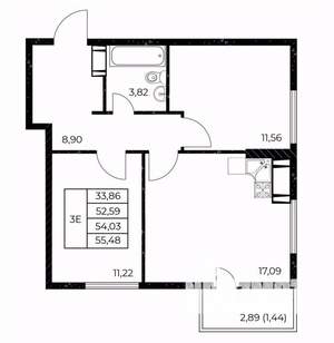 2-к квартира, строящийся дом, 55м2, 22/25 этаж