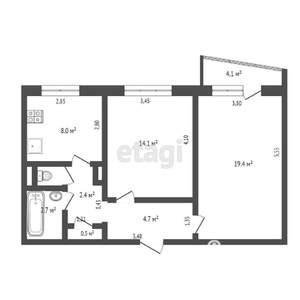 2-к квартира, вторичка, 53м2, 6/9 этаж